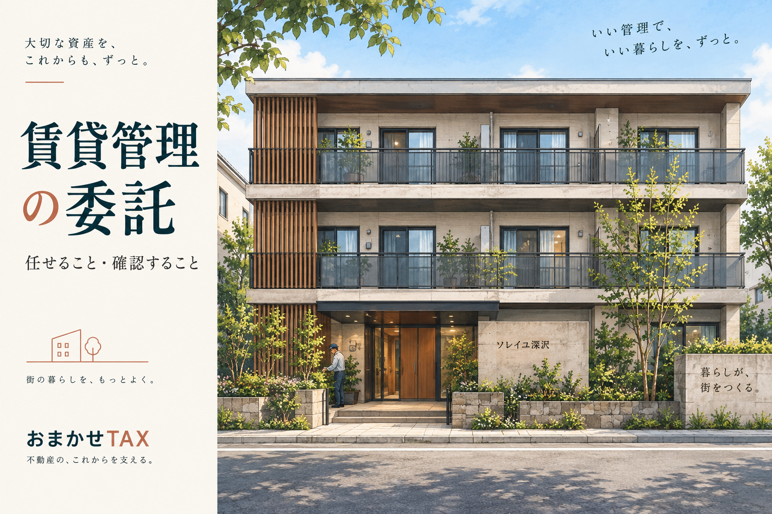 賃貸マンションの正面外観と管理委託の見出し