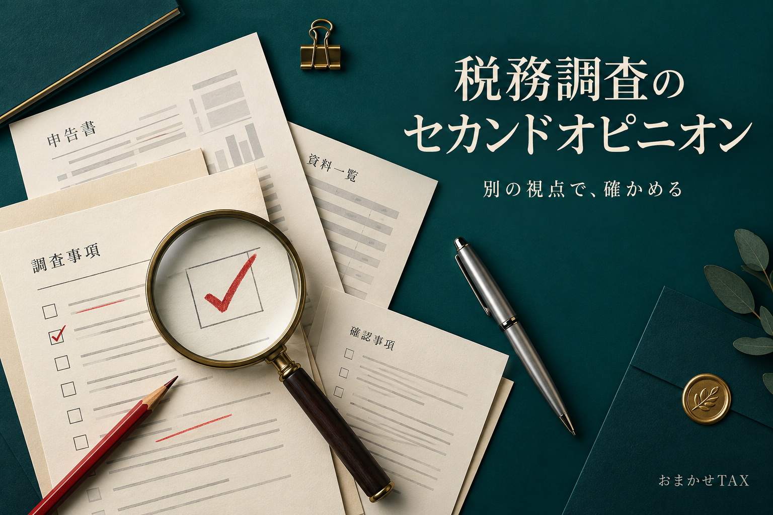 書類と虫眼鏡を真上から見た税務調査の確認イメージ
