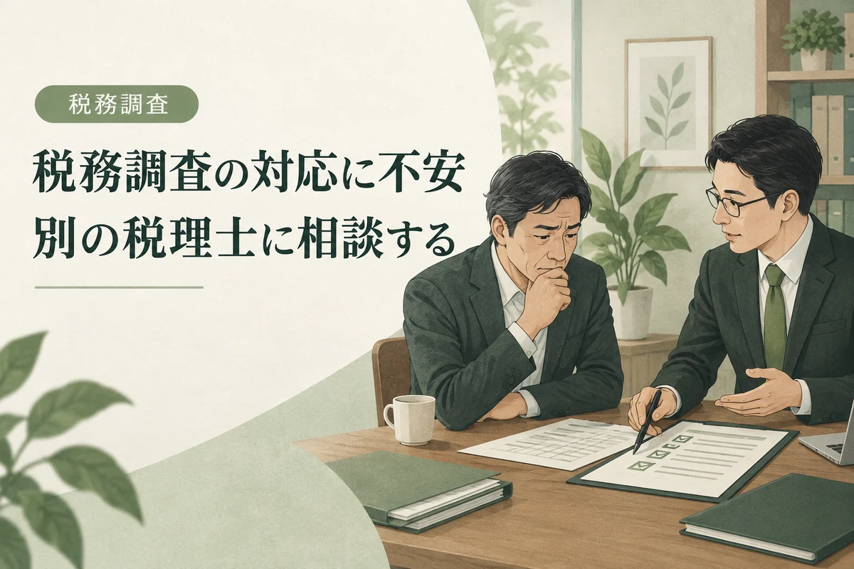 税務調査の対応に不安を感じた経営者が別の税理士に相談するイラスト